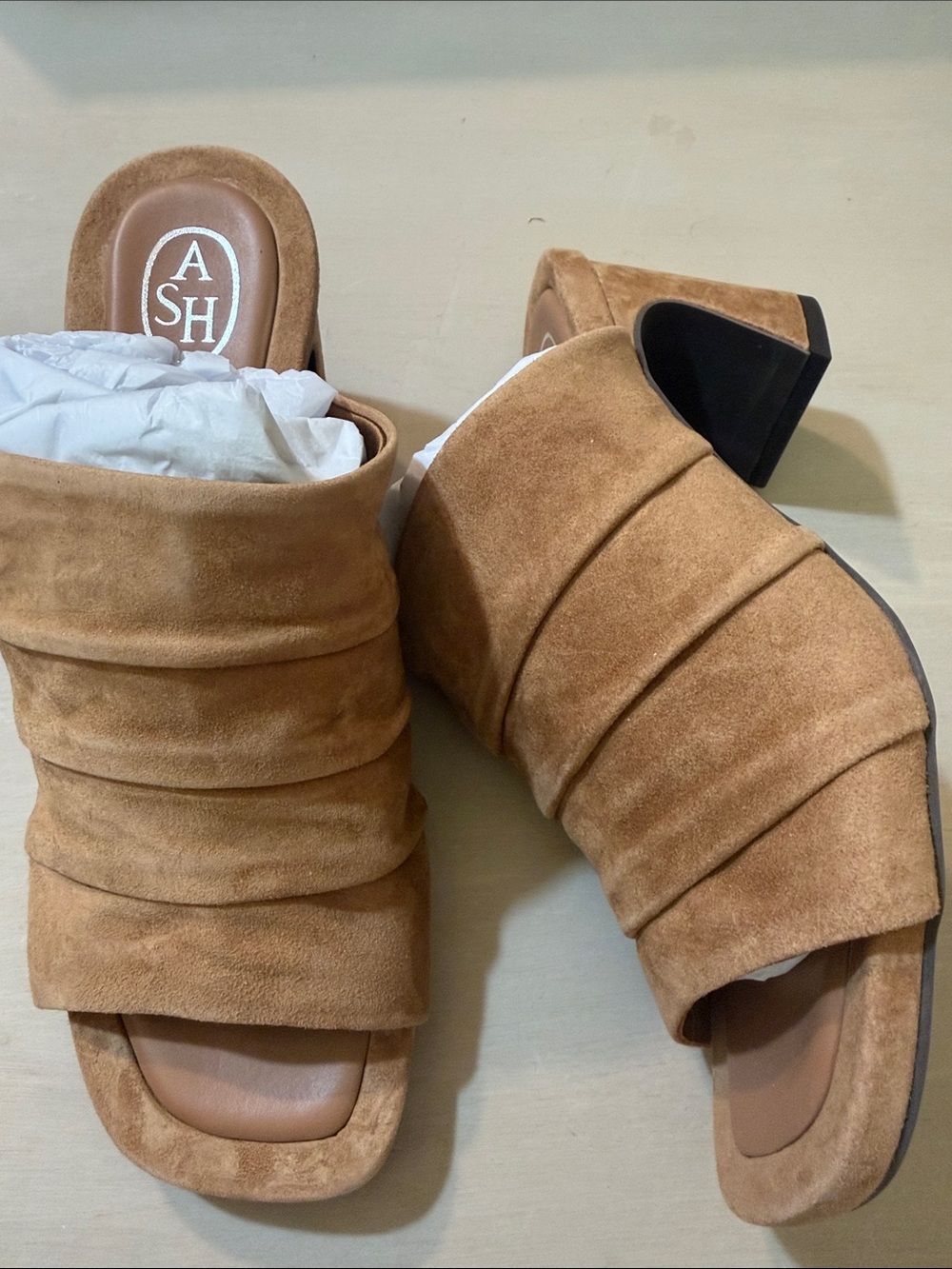 Ash Tan Suede Ruched Slide Mules